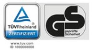 Logos de certification avec des formes géométriques, couleurs bleu, noir et gris.