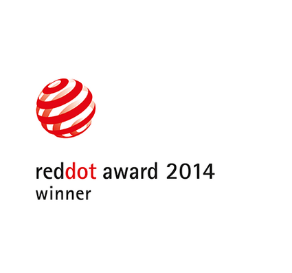 Logo avec une sphère rouge rayée et le texte "reddot award 2014 winner" à côté.