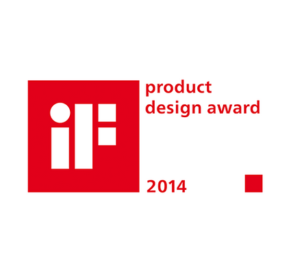 Logo du prix iF Design 2014 en rouge avec des éléments géométriques et du texte.