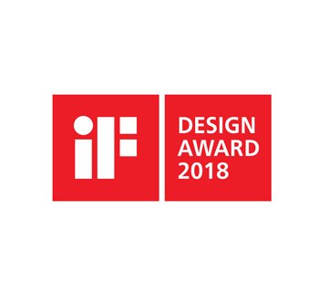 Logo avec fond rouge et éléments graphiques blancs, indiquant un prix de design.