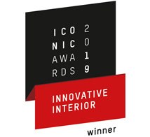 Logo des prix Iconic Awards 2019 avec des éléments en noir et rouge.