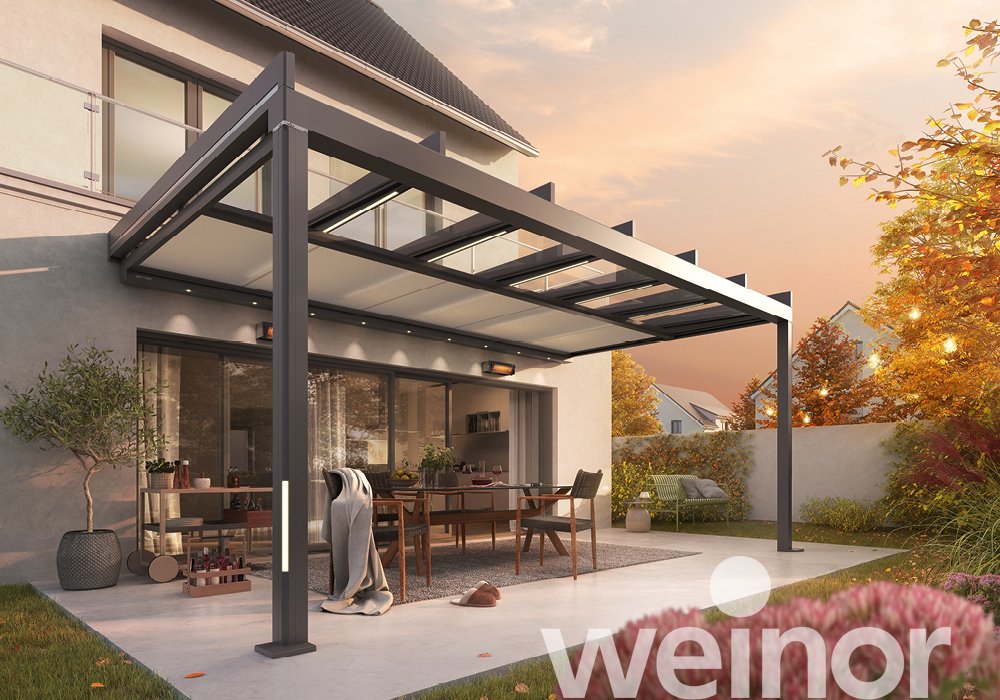 Toit de terrasse cubique en verre weinor Terrazza Pure avec bandes LED couleur, avec éléments décoratifs